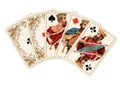 A poker hand of antique playing cards showing a full house. Royalty Free Stock Photo