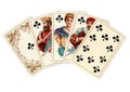 A poker hand of antique playing cards showing a royal flush of clubs. Royalty Free Stock Photo