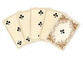 A poker hand of antique playing cards showing a straight flush of clubs. Royalty Free Stock Photo