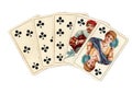 A poker hand of antique playing cards showing a straight flush of clubs. Royalty Free Stock Photo