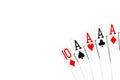 Poker hand four of a kind in aces with 10 of diamonds as kicker
