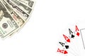 Poker hand four of a kind in aces and some us-dollar bank notes Royalty Free Stock Photo
