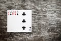 Poker hand: full house. playing cards game abstract in wooden table Royalty Free Stock Photo