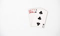 Poker hand ranking, symbol set Playing cards in casino: two pairs, queen, seven on white background, luck abstract, copyspace Royalty Free Stock Photo