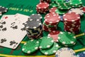 poker play cards and chips on green table Royalty Free Stock Photo