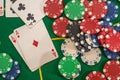 poker play cards and chips on green table Royalty Free Stock Photo