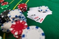 Poker play cards and chips on green table. Texas holdem Royalty Free Stock Photo