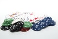 Poker. Poker or board game chips and cards on white background Royalty Free Stock Photo