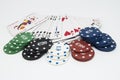 Poker. Poker or board game chips and cards on white background Royalty Free Stock Photo