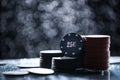 Poker playing chips on a green table and black background. Online gambling. Addiction. Casino play Royalty Free Stock Photo