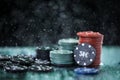 Poker playing chips on a green table and black background under the water drops. Online gambling. Royalty Free Stock Photo