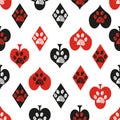 Poker playing gambling card symbol doodle paw prints background. Fabric design seamless pattern