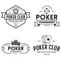 Poker related labels emblems badges design elements set. Texas holdem poker club tournament logotype collection