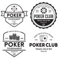 Poker related labels emblems badges design elements set. Texas holdem poker club tournament logotype collection