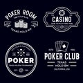 Poker related labels emblems badges design elements set. Texas holdem poker club tournament logotype collection