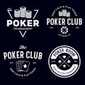 Poker related labels emblems badges design elements set. Texas holdem poker club tournament logotype collection