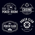Poker related labels emblems badges design elements set. Texas holdem poker club tournament logotype collection