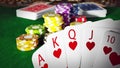 Poker royal flush hand and casino hands standing on poker table. 3D illustration Royalty Free Stock Photo