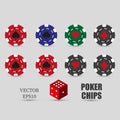 Poker set of casino chips icons with shadow. Red, green, blue, black poker chips. Spades, clubs, diamonds, hearts suits. Vector Royalty Free Stock Photo