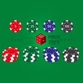 Poker set of casino chips icons with shadow. Red, green, blue, black poker chips. Vector isolated on green background. Vector Royalty Free Stock Photo