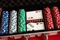 Poker set in metal suitcase. Risky entertainment of gambling. Top view on red background Royalty Free Stock Photo
