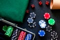 Poker set in a metallic case and green gambling cloth on a grey table top view mock up