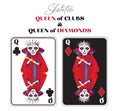 Two Skeleton Queens Playing Poker Cards Isolated on White Background