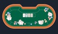 Poker table top view. Cards, bets and chips. Casino gambling composition. Fortune, risk game. Internet casino decorative Royalty Free Stock Photo