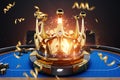 Poker tournament, poker online, big crown on the poker table. Poker game, online casino, Texas hold`em, application, card games. Royalty Free Stock Photo