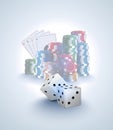 Poker vector background, stack of poker chips, ace cards on white background, two white dices foreground. Gambling online casino Royalty Free Stock Photo