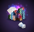 Poker vector illustration, stack of poker chips, ace cards on bokeh purple background, two white dices on foreground. Gambling Royalty Free Stock Photo