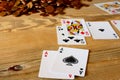 Four aces cards , poker on a wooden table . Royalty Free Stock Photo