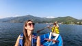 Pokhara - A couple swimming in a boat across the Phewa Lake Royalty Free Stock Photo