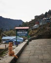 Pokhara, Nepal - Chomrong, a village located in the middle of Annapurna Himalayas. The dog sitting alone on a stone wall.