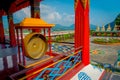 POKHARA, NEPAL - OCTOBER 06 2017: Beautiful indoor view of the hall of The Pema Ts al Sakya Monastic Institute, with a