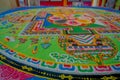 POKHARA, NEPAL - OCTOBER 06 2017: Close up of collection of colorful typical traditional carved floor, nepalese inside