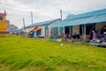 POKHARA, NEPAL - OCTOBER 06 2017: Outdoor view of many goats resting and walking in a green area surrounding of houses Royalty Free Stock Photo