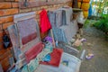 POKHARA, NEPAL - OCTOBER 06 2017: Outdoor view of stoned structures written at backyard handmade in Thrangu Tashi