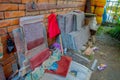 POKHARA, NEPAL - OCTOBER 06 2017: Outdoor view of stoned structures written at backyard handmade in Thrangu Tashi