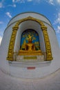 POKHARA, NEPAL, SEPTEMBER 04, 2017: Golden statue of Buddha a the World Peace Pagoda, Pokhara, Nepal Royalty Free Stock Photo
