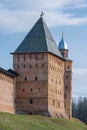 Pokrovskaya tower against the background of the Kokui tower. Veliky Novgorod