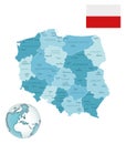 Poland administrative blue-green map with country flag and location on a globe Royalty Free Stock Photo