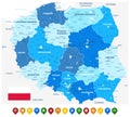 Poland Administrative Map Blue Colors and Colored Map Icons Royalty Free Stock Photo