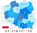 Poland Administrative Map Blue Colors and Flat Map Icons Royalty Free Stock Photo