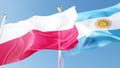 poland and argentina flags waving in the wind against a blue sky. warsaw, argentina national symbols 3d rendering