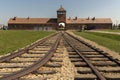 Poland Auschwitz-Birkenau 19-September 2018 View through the railway on the entrance building of the Nazi camp Birkenau Royalty Free Stock Photo
