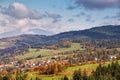 Poland autumn hills. Sunny October day in mountain village Royalty Free Stock Photo