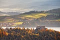 Poland autumn hills. Sunny October day in mountain village