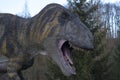 Tyrannosaurus head against the background of trees (coniferous and deciduous) just before sunset.