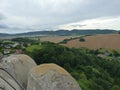 Poland, BolkÃÂ³w - the Sudety mountains visibly from castle. Royalty Free Stock Photo